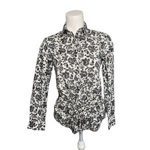 THAKOON Design Nation Black White Floral Button Down Ruched Top Sz Small‎